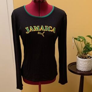 Puma Women's Black Long Sleeve Top with Green and Yellow Jamaica Accents